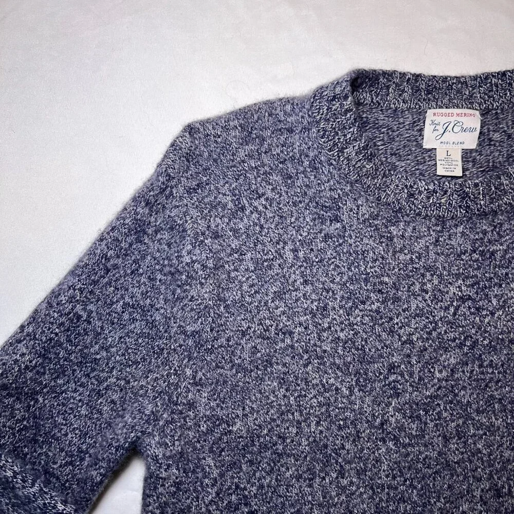 J.Crew Rugged Merino‎ Wool Sweater Mens L Blue Marl Crewneck Preppy Classic